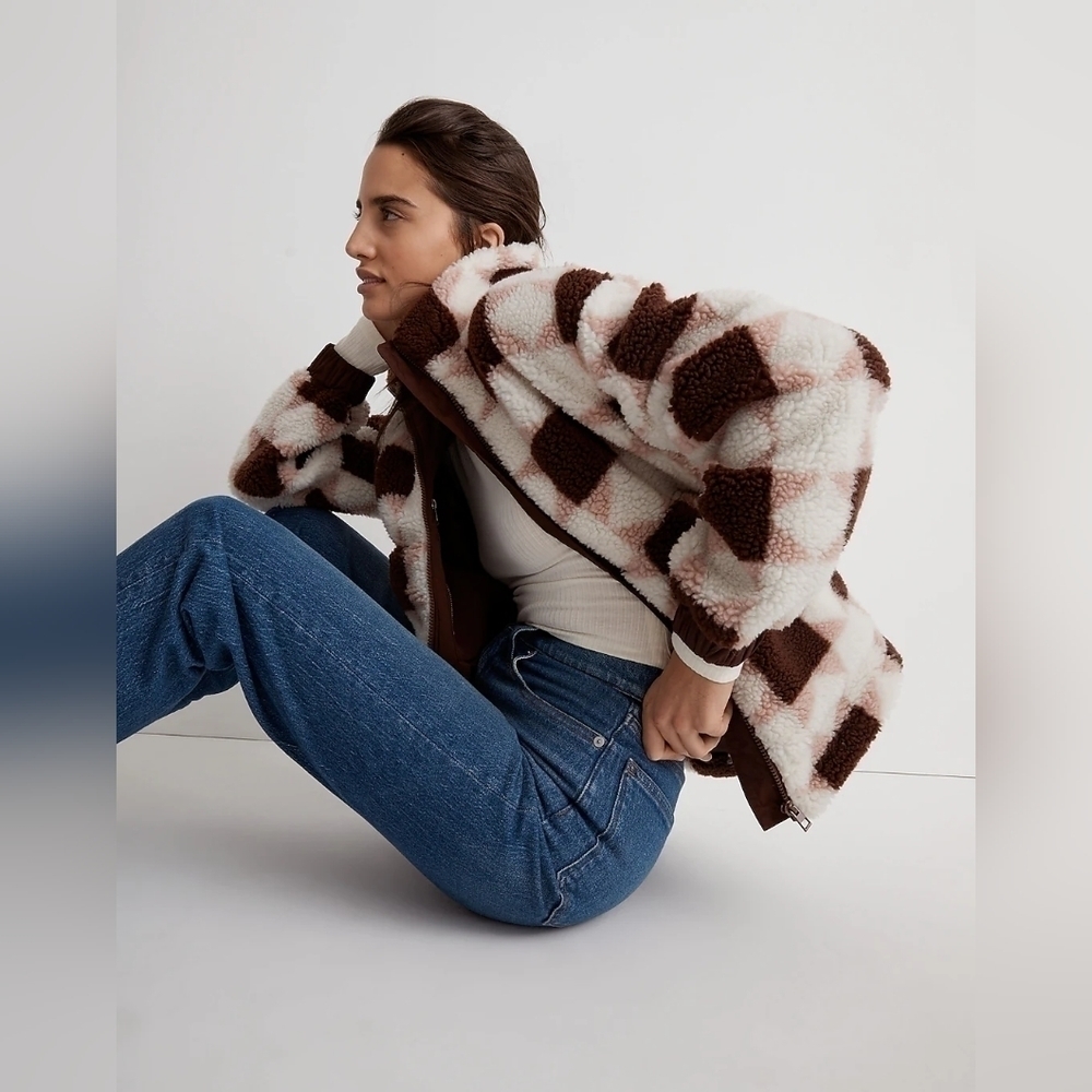 Madewell Sherpa quilted bomber women's jacket in patchwork stars XS white brown - Picture 4 of 11